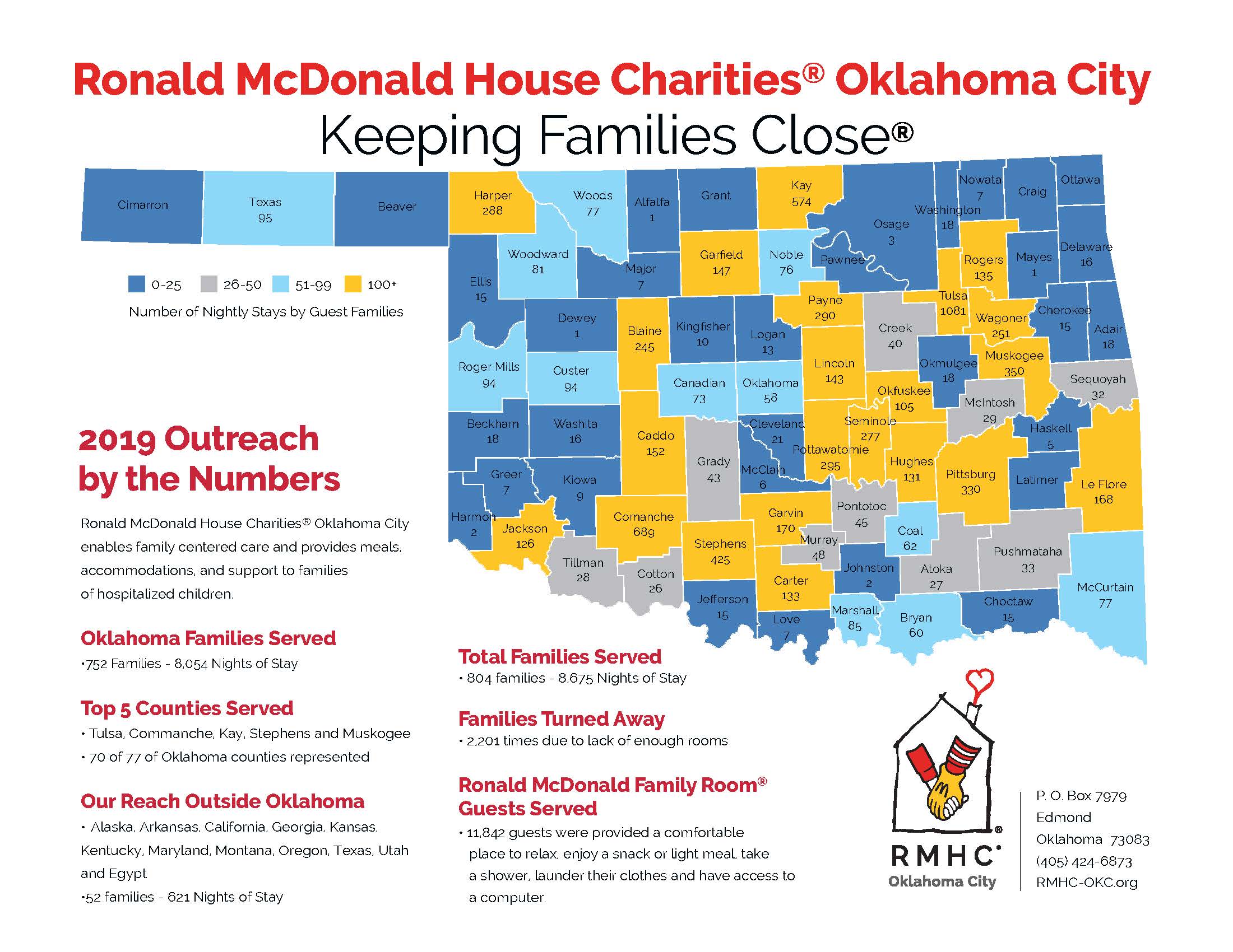 Oklahoma map that shows the number of families RMHC-OKC has helped in each county