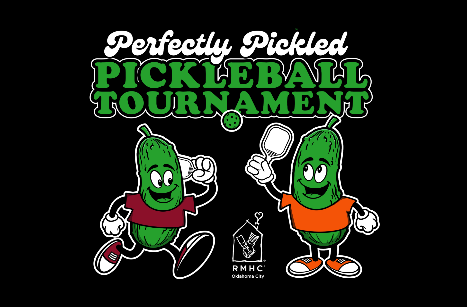 Two pickles with paddles playing pickleball